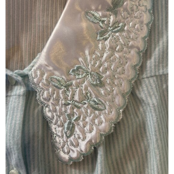 Bellina Pajama Set Womens Med Striped Embroidered Collar Mint Green Flannel Feel - Picture 7 of 13